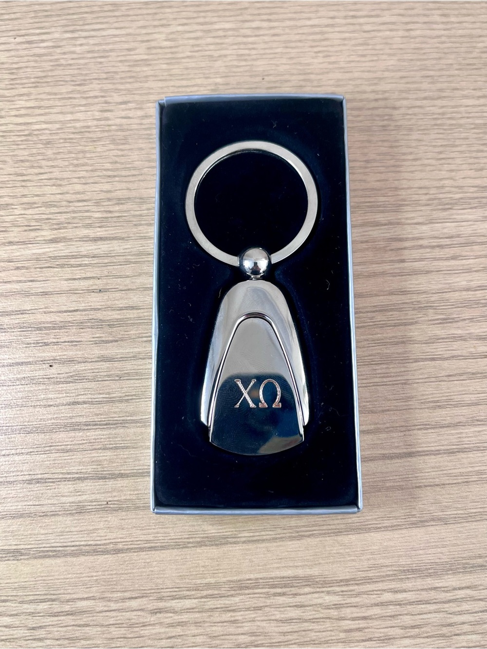 Chi Omega Sorority Silver Tone Metal Teardrop Keychain Boxed XO Greek